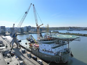 Boskalis vessel Ndeavor in Rotterdam, the Netherlands ready to leave for the oil removal operation